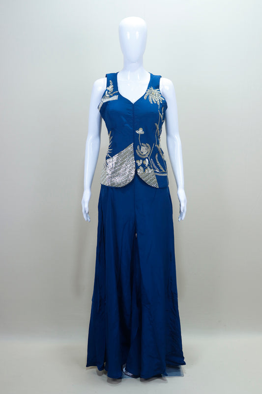 Blue Indo Western Gown with Silver Designer Party Wear Dress