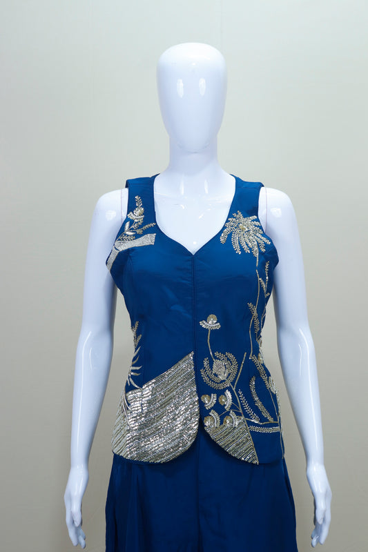 Blue Indo Western Gown with Silver Designer Party Wear Dress