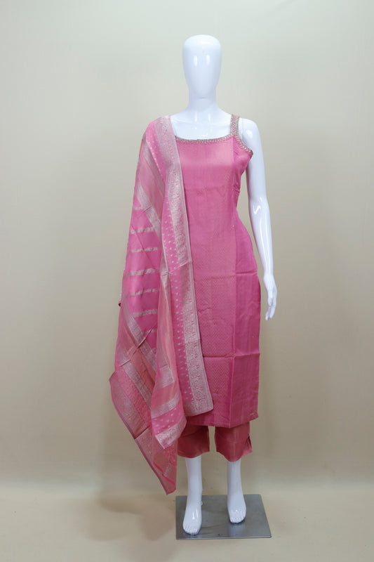  Traditional  Pink Banarasi Silk Salwar Suit with Dupatta 
