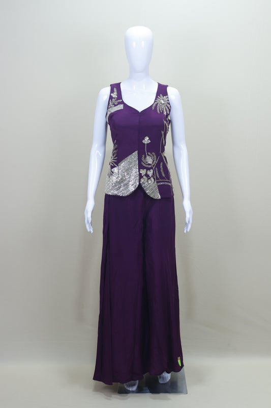 Designer Purple Embroidered Party Wear Kurti with Palazzo Set