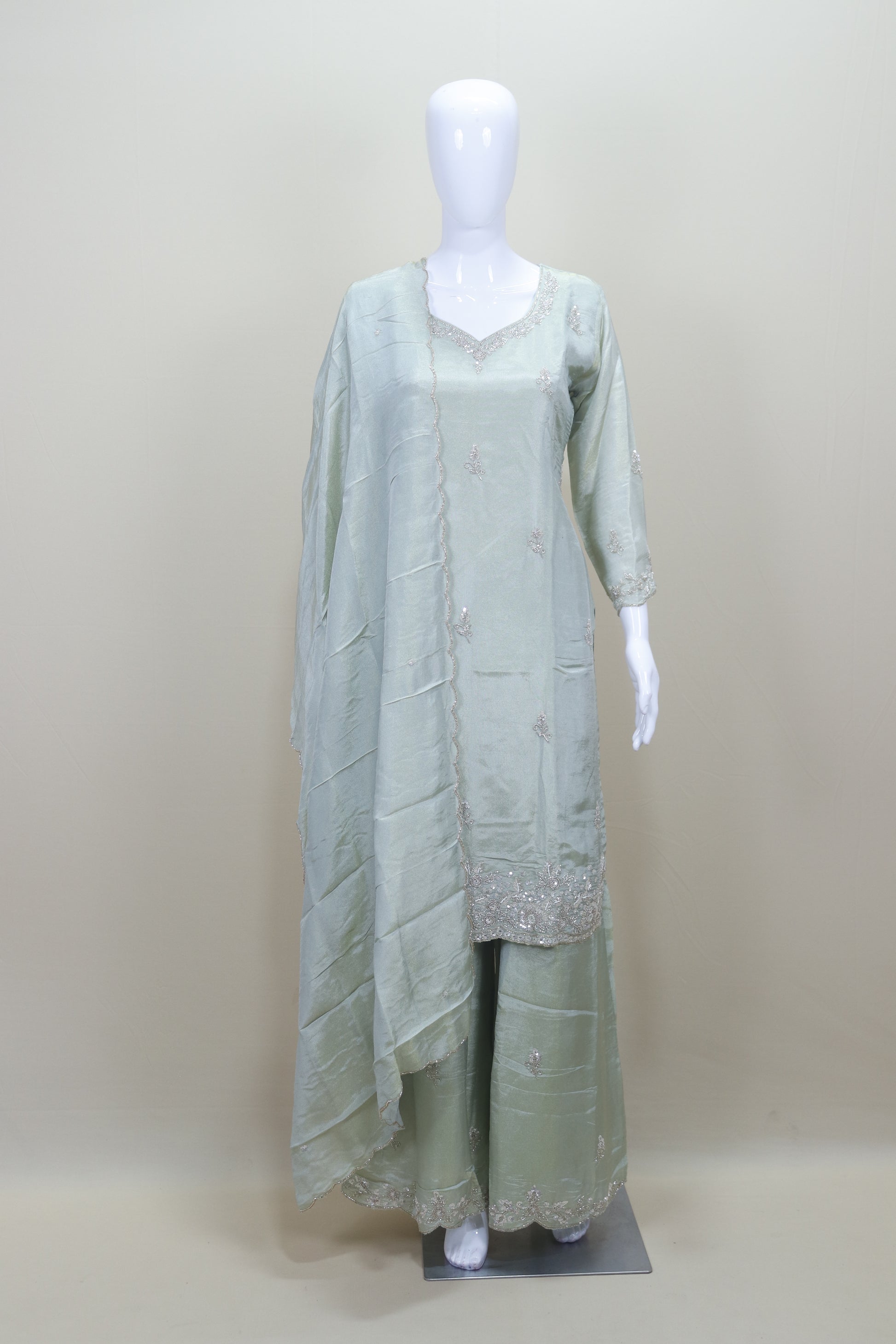Pastel Green Kurti with Palazzo and Dupatta Set for Party Wear