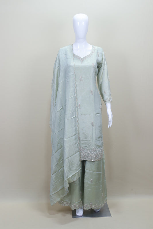 Pastel Green Kurti with Palazzo and Dupatta Set for Party Wear