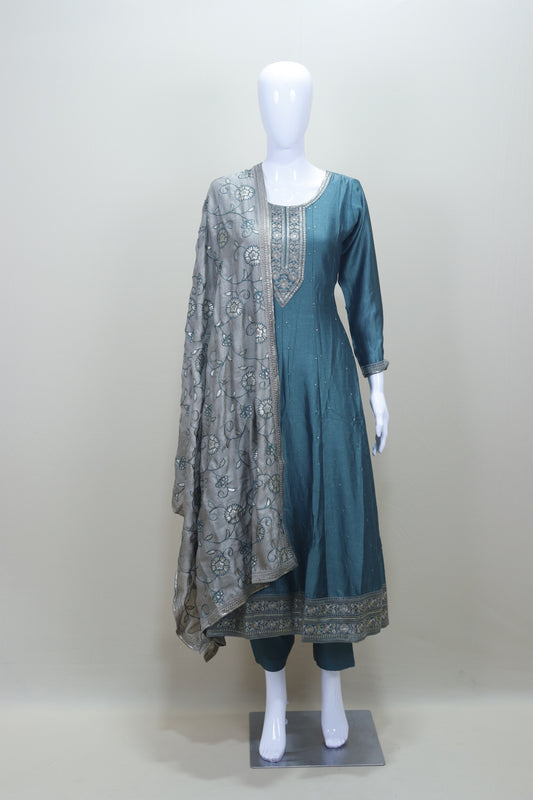 Teal Blue Embroidered Anarkali Suit with Churidar and Dupatta