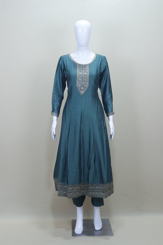 Teal Blue Embroidered Anarkali Suit with Churidar and Dupatta