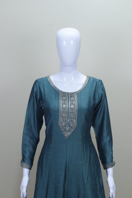 Teal Blue Embroidered Anarkali Suit with Churidar and Dupatta