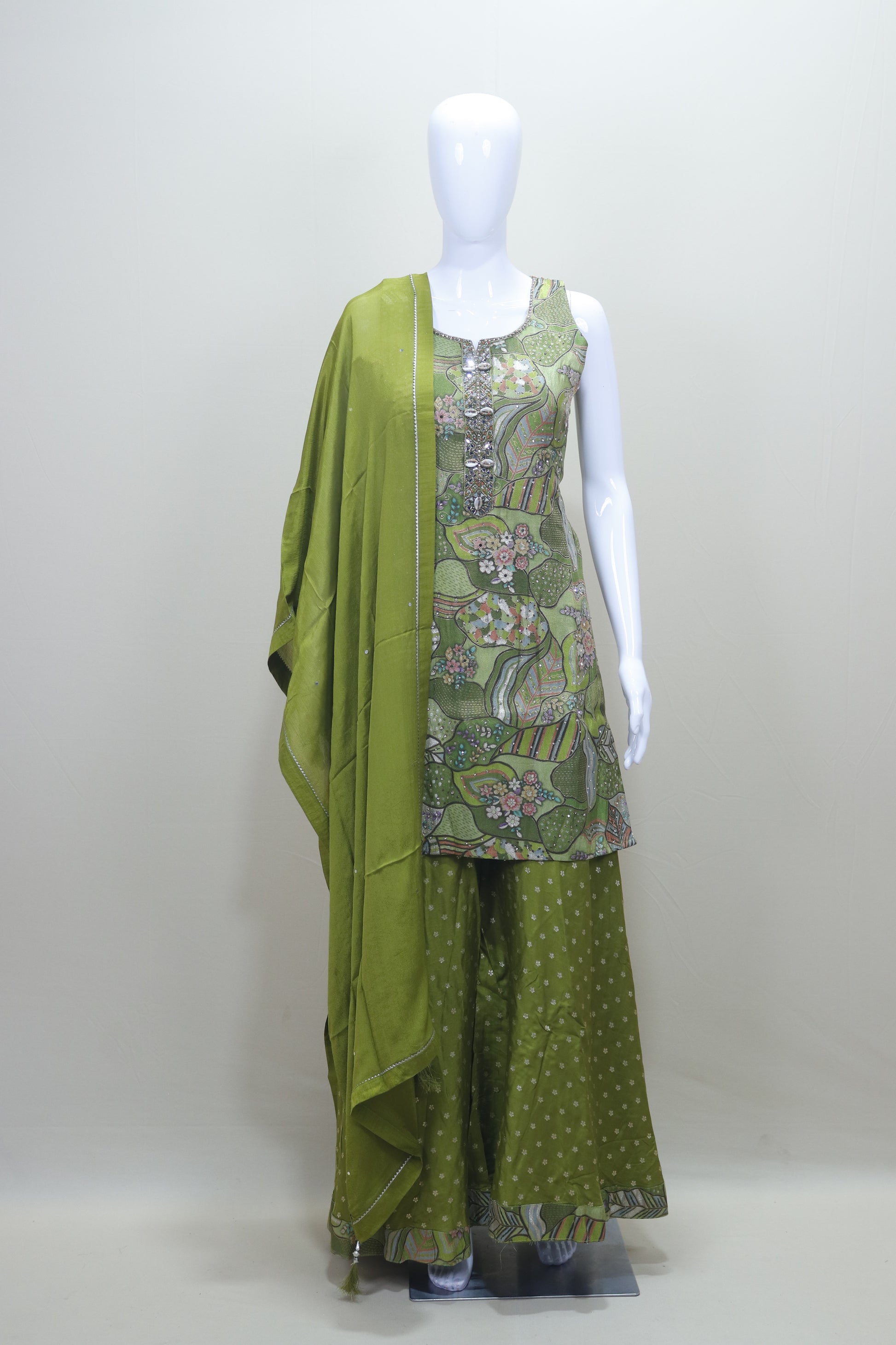 Green Printed Kurti with Palazzo and Dupatta Set for Stylish Party Wear