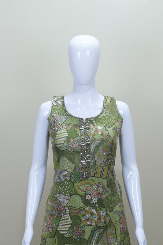 Green Printed Kurti with Palazzo and Dupatta Set for Stylish Party Wear