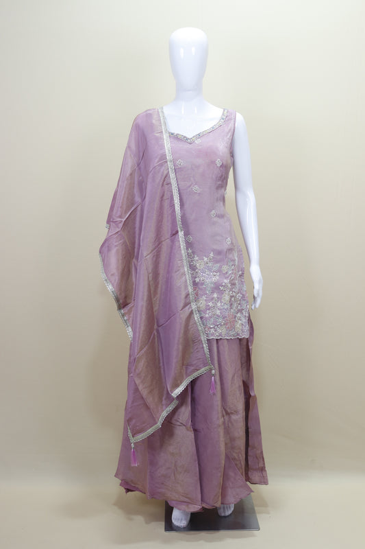 Lavender Embroidered Kurti with Sharara and Dupatta Set for Party Wear