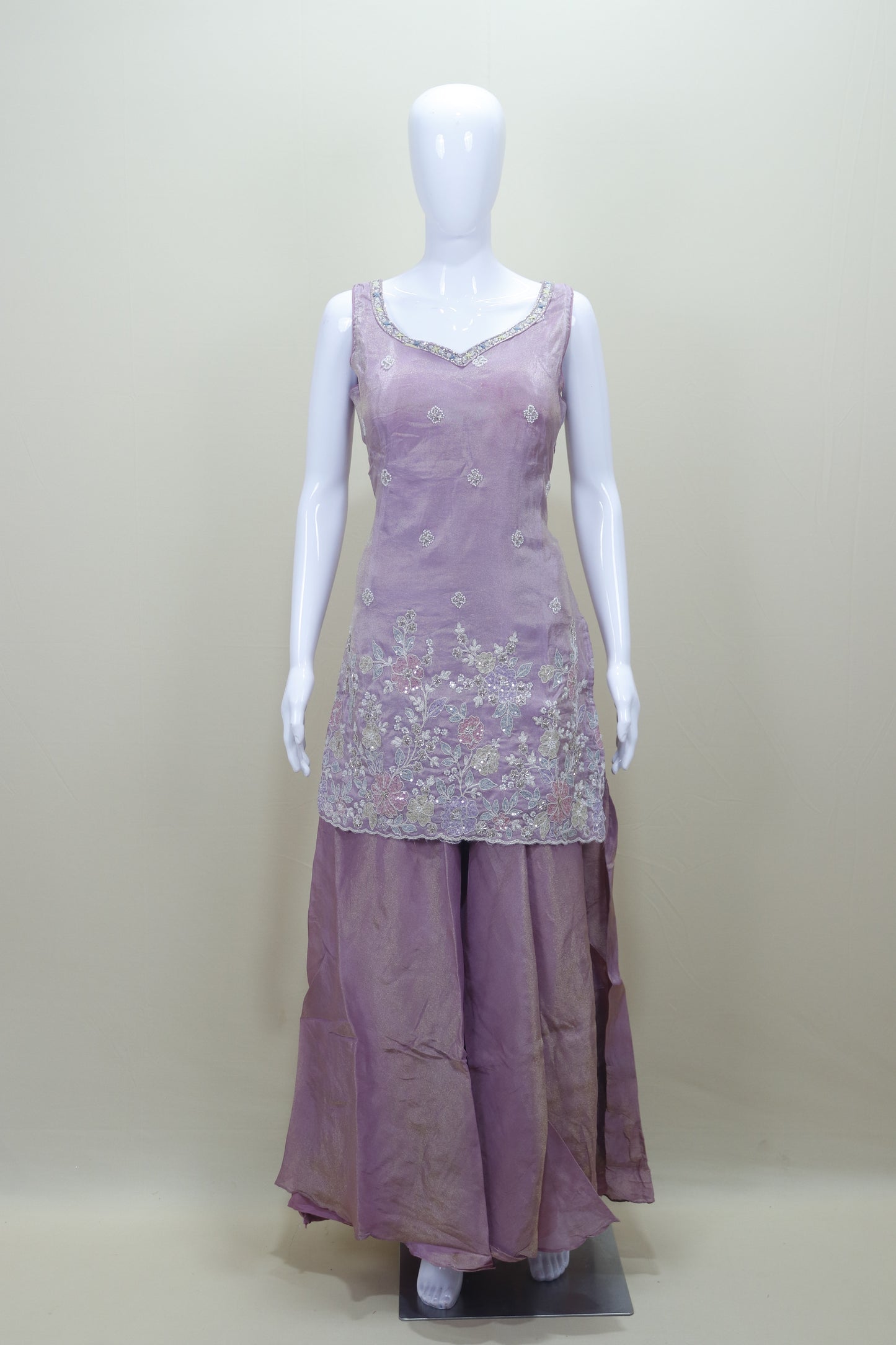 Lavender Embroidered Kurti with Sharara and Dupatta Set for Party Wear