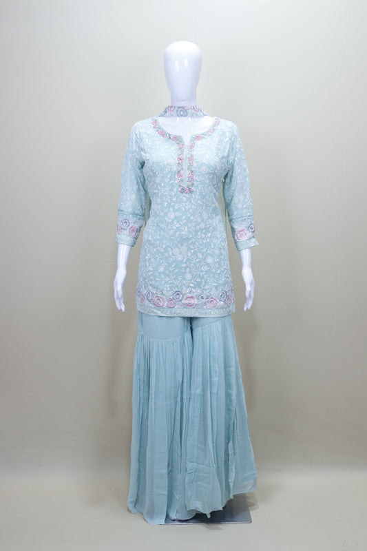 Sky Blue Kurti with Sharara Set for Party Wear Ethnic Outfit