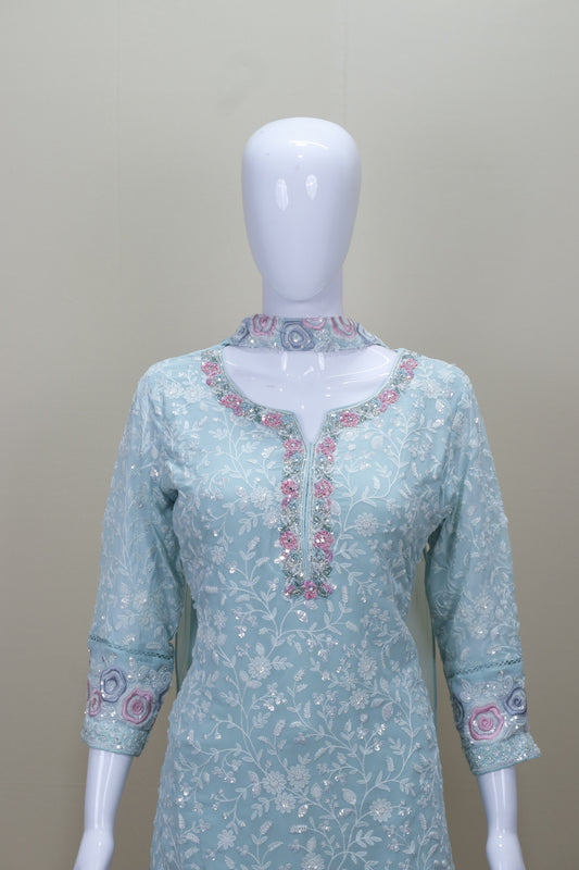  Sky Blue Kurti with Sharara Set for Party Wear Ethnic Outfit