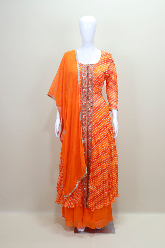 Orange Bandhani Anarkali Suit with Dupatta Detailing Traditional Ethnic Wear