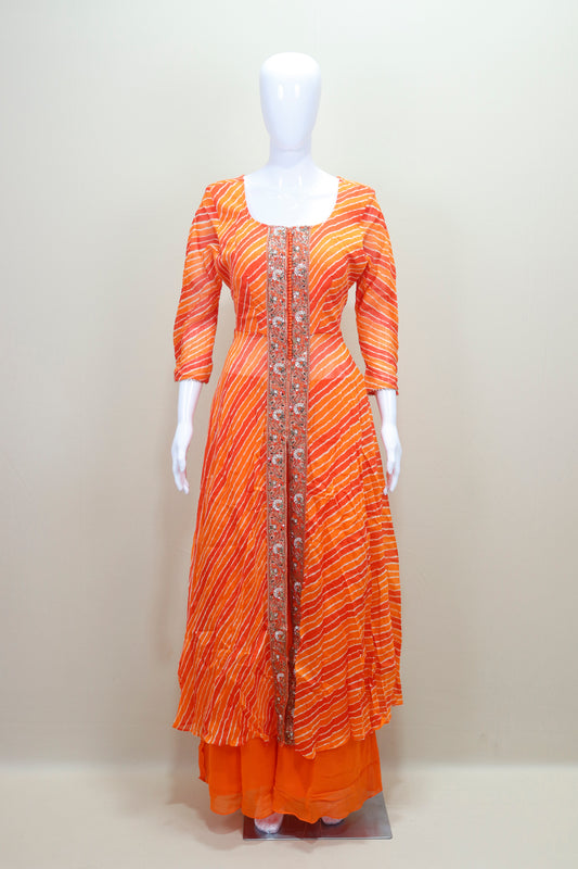 Orange Bandhani Anarkali Suit with Dupatta Detailing Traditional Ethnic Wear
