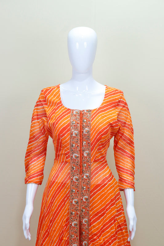 Orange Bandhani Anarkali Suit with Dupatta Detailing Traditional Ethnic Wear