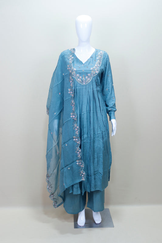 Blue Anarkali Suit with Palazzo Dupatta Elegant Ethnic Party Wear