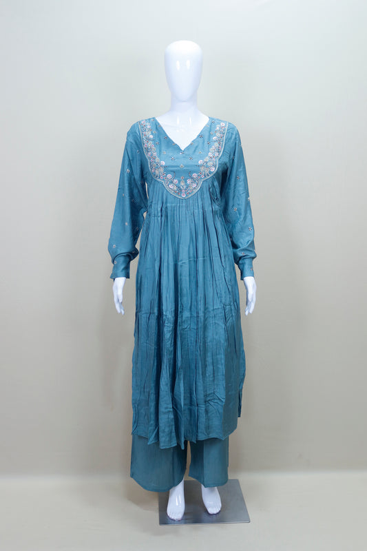 Blue Anarkali Suit with Palazzo Dupatta Elegant Ethnic Party Wear
