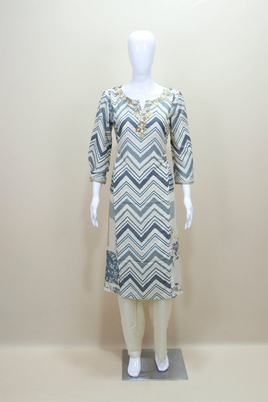 Grey White Chevron Print Straight Kurta Ethnic Wear