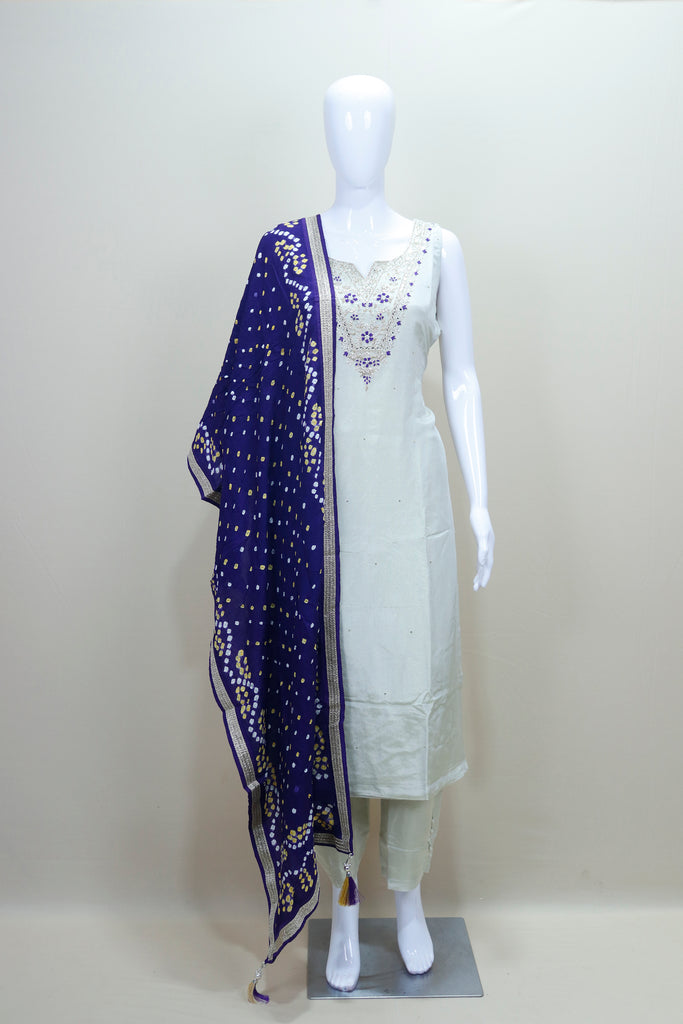 White Sleeveless Kurta Set with Blue Bandhani Dupatta Neckline Ethnic Wear