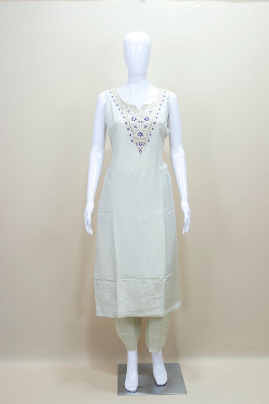 White Sleeveless Kurta Set with Blue Bandhani Dupatta Neckline Ethnic Wear
