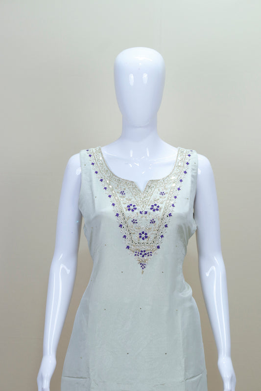 White Sleeveless Kurta Set with Blue Bandhani Dupatta Neckline Ethnic Wear