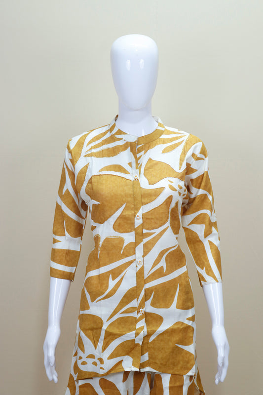 Mustard Yellow White Printed Co-Ord Set Button Down Shirt