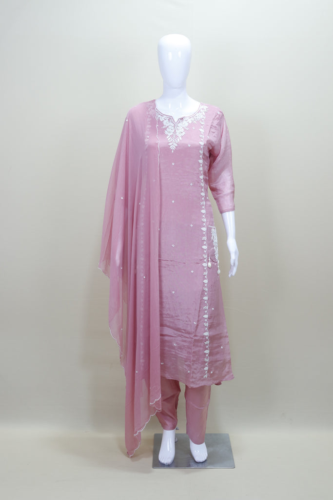 Dusty Pink Kurta Set with White Silk Blend Salwar Suit
