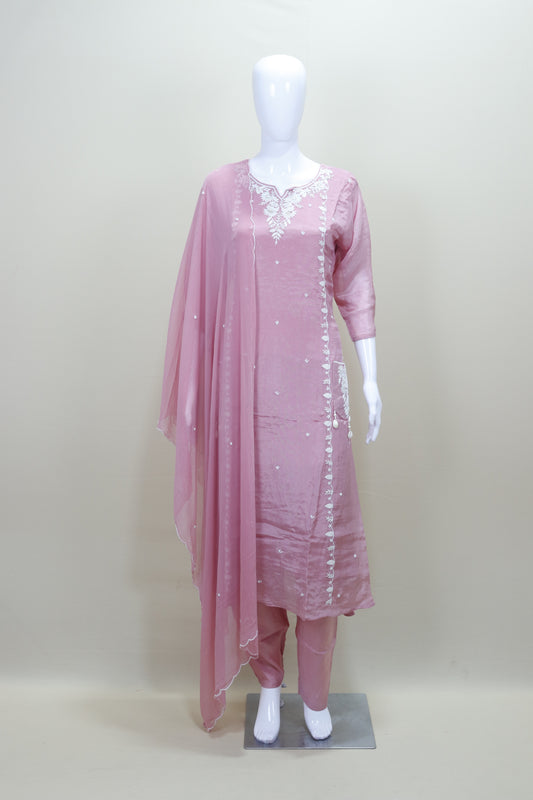 Dusty Pink Kurta Set with White Silk Blend Salwar Suit