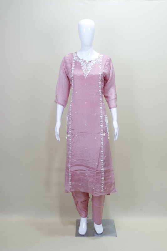 Dusty Pink Kurta Set with White Silk Blend Salwar Suit