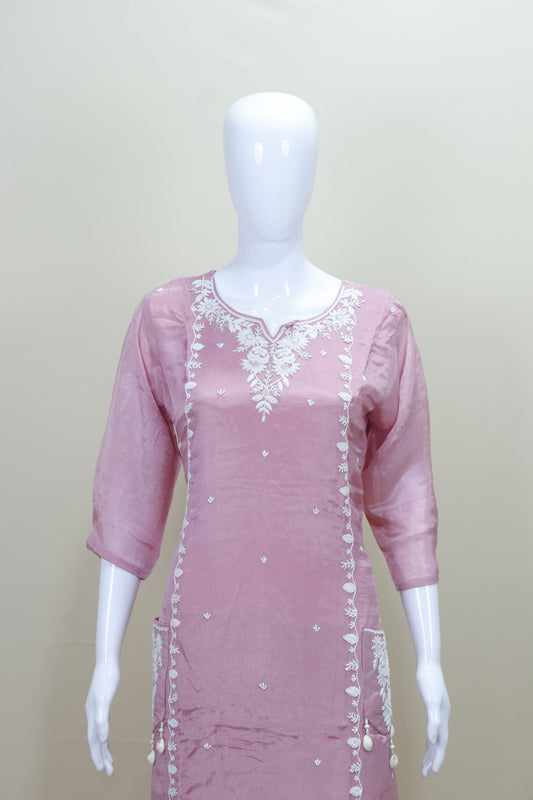 Dusty Pink Kurta Set with White Silk Blend Salwar Suit
