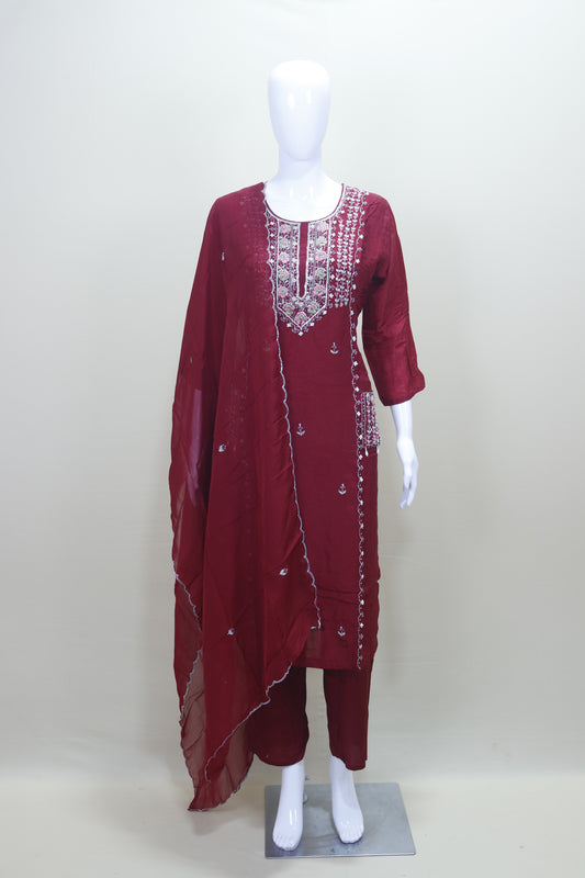 Maroon Kurta Set with Silver Silk Blend Salwar Suit