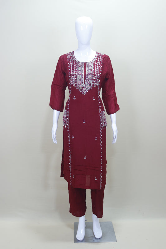 Maroon Kurta Set with Silver Silk Blend Salwar Suit