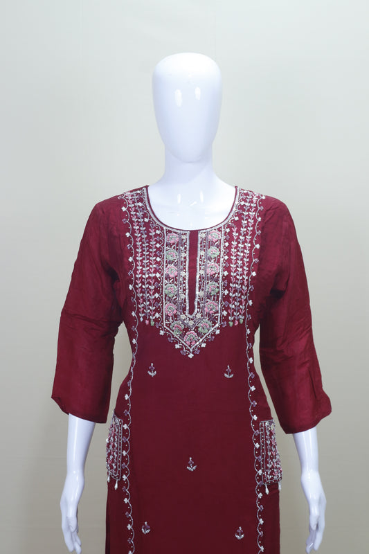 Maroon Kurta Set with Silver Silk Blend Salwar Suit