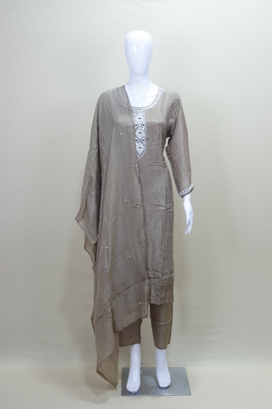 Taupe Embroidered Kurta Set with Dupatta Pants Party Wear