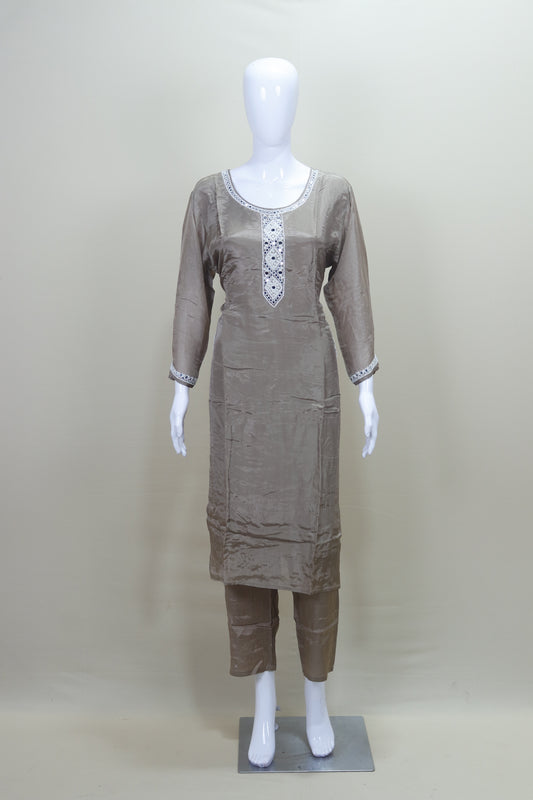 Taupe Embroidered Kurta Set with Dupatta Pants Party Wear