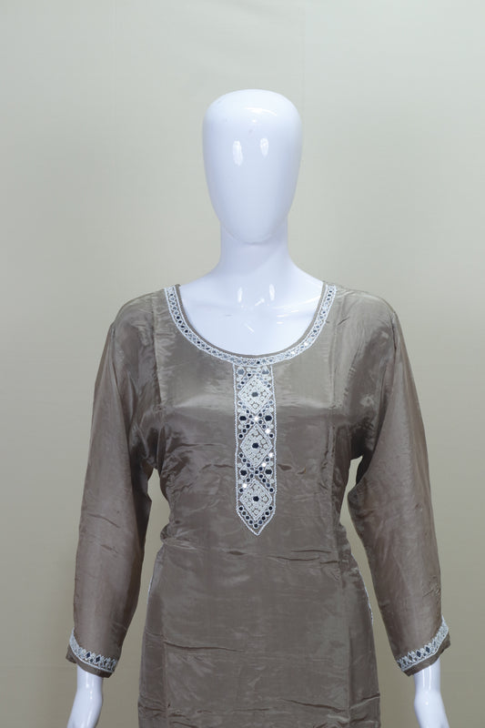 Taupe Embroidered Kurta Set with Dupatta Pants Party Wear