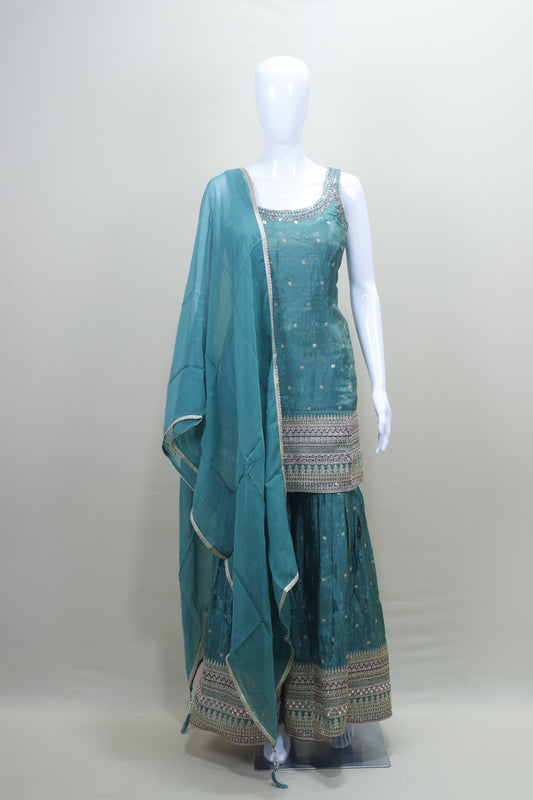 Teal Green Embroidered Sharara Suit Set with Dupatta Party Wear
