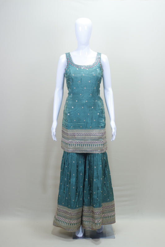 Teal Green Embroidered Sharara Suit Set with Dupatta Party Wear