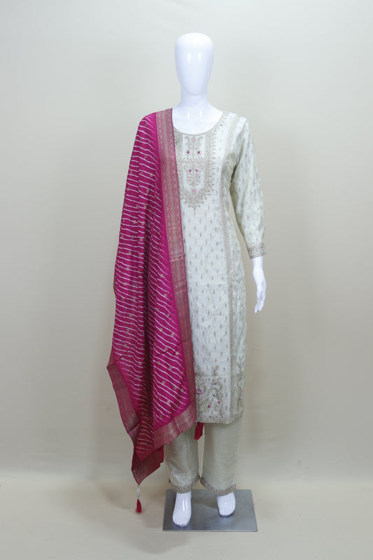 White Straight Suit with Pink Bandhej Dupatta  Party Wear