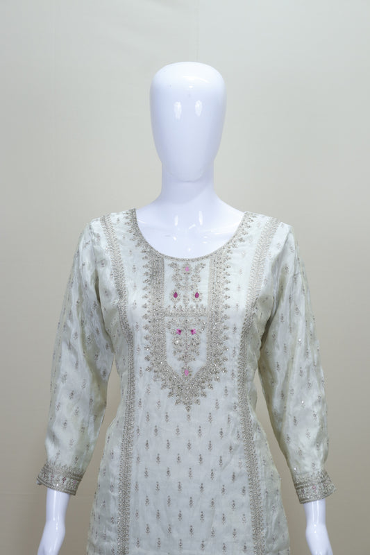 White Straight Suit with Pink Bandhej Dupatta  Party Wear