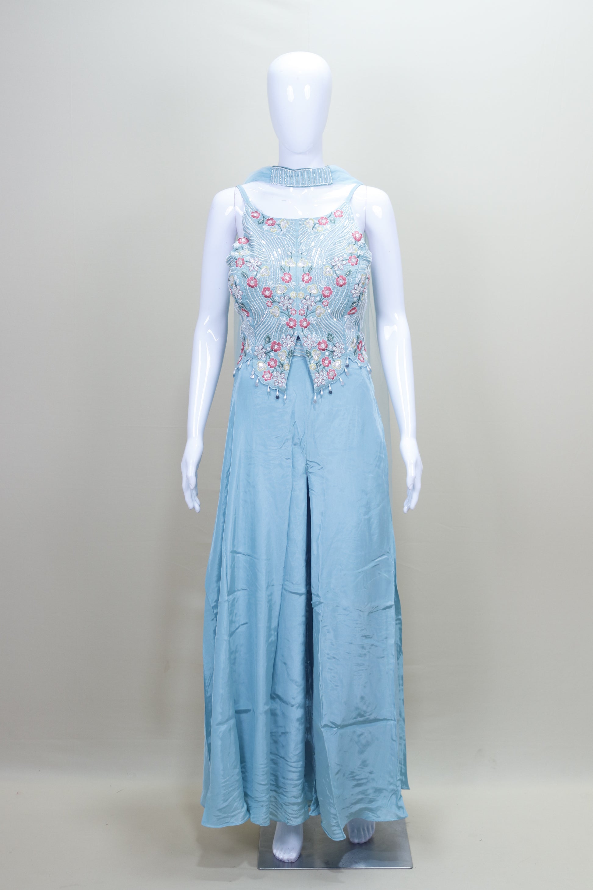 Designer Sky Blue Embroidered Gown Sleeveless Party Wear