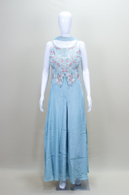 Designer Sky Blue Embroidered Gown Sleeveless Party Wear