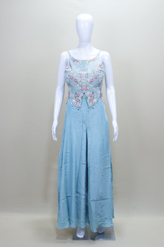 Designer Sky Blue Embroidered Gown Sleeveless Party Wear