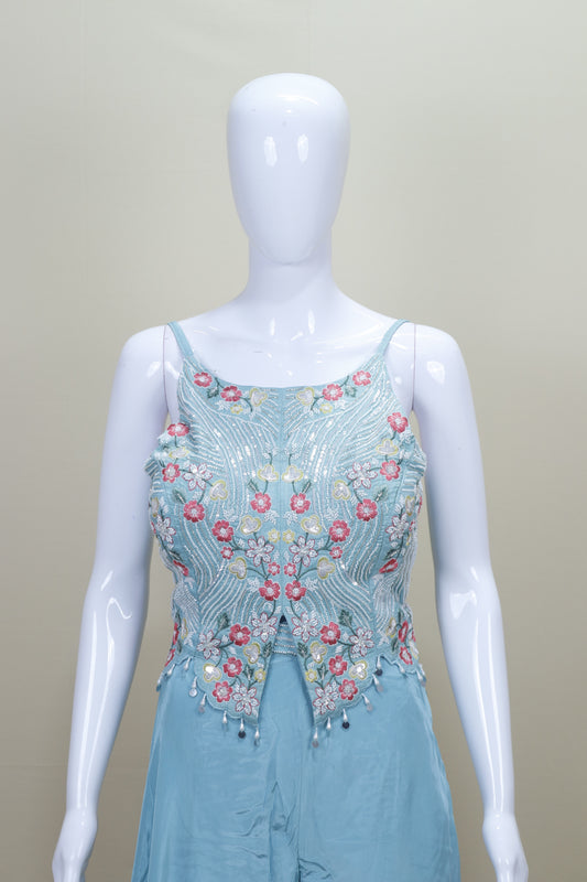 Designer Sky Blue Embroidered Gown Sleeveless Party Wear