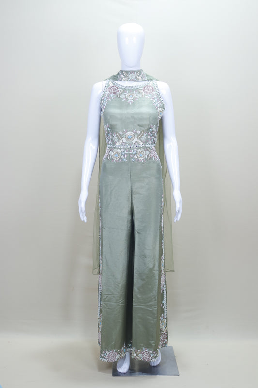 Designer Olive Green Party Wear Gown Sleeveless Floor Length Ethnic Dress