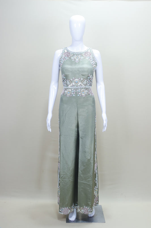 Designer Olive Green Party Wear Gown Sleeveless Floor Length Ethnic Dress