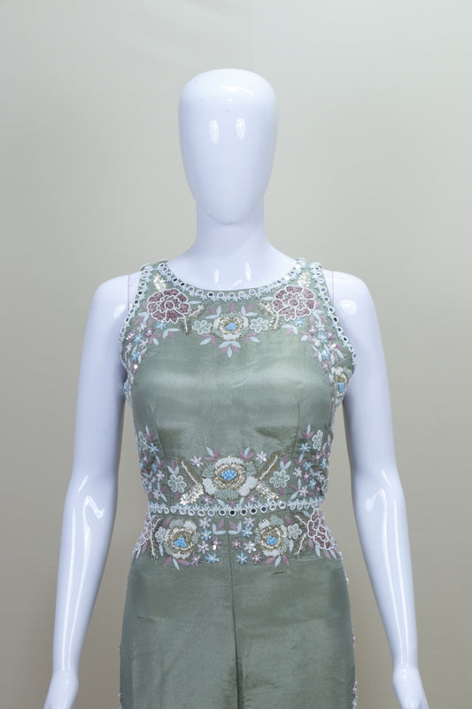 Designer Olive Green Party Wear Gown Sleeveless Floor Length Ethnic Dress