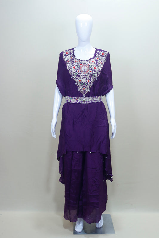 Purple Kaftan Dress Ethnic Party Wear Maxi Gown with Beaded Belt