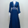 Navy Blue Maxi Dress Ethnic Long Gown with V-Neck Flared Sleeves