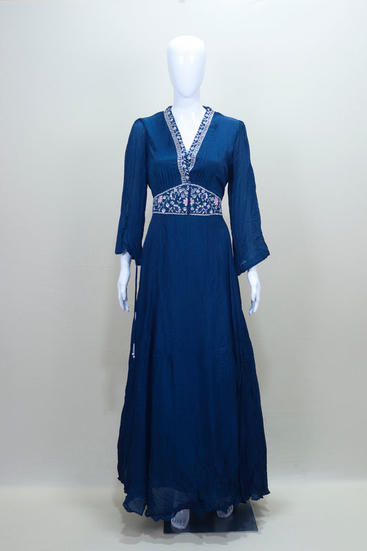 Navy Blue Maxi Dress Ethnic Long Gown with V-Neck Flared Sleeves