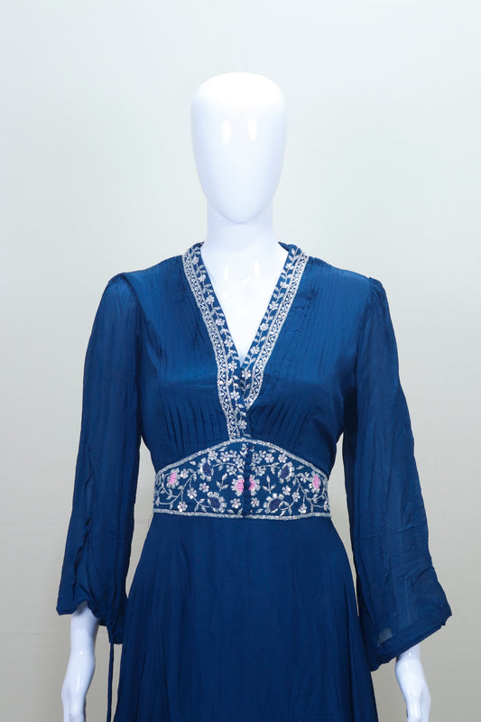 Navy Blue Maxi Dress Ethnic Long Gown with V-Neck Flared Sleeves
